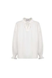 Womens White Ruffle Neck Cotton Blouse