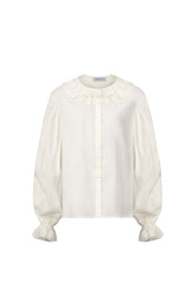 Womens White Ruffled Yoke Linen Blouse