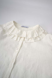 Womens White Ruffled Yoke Linen Blouse