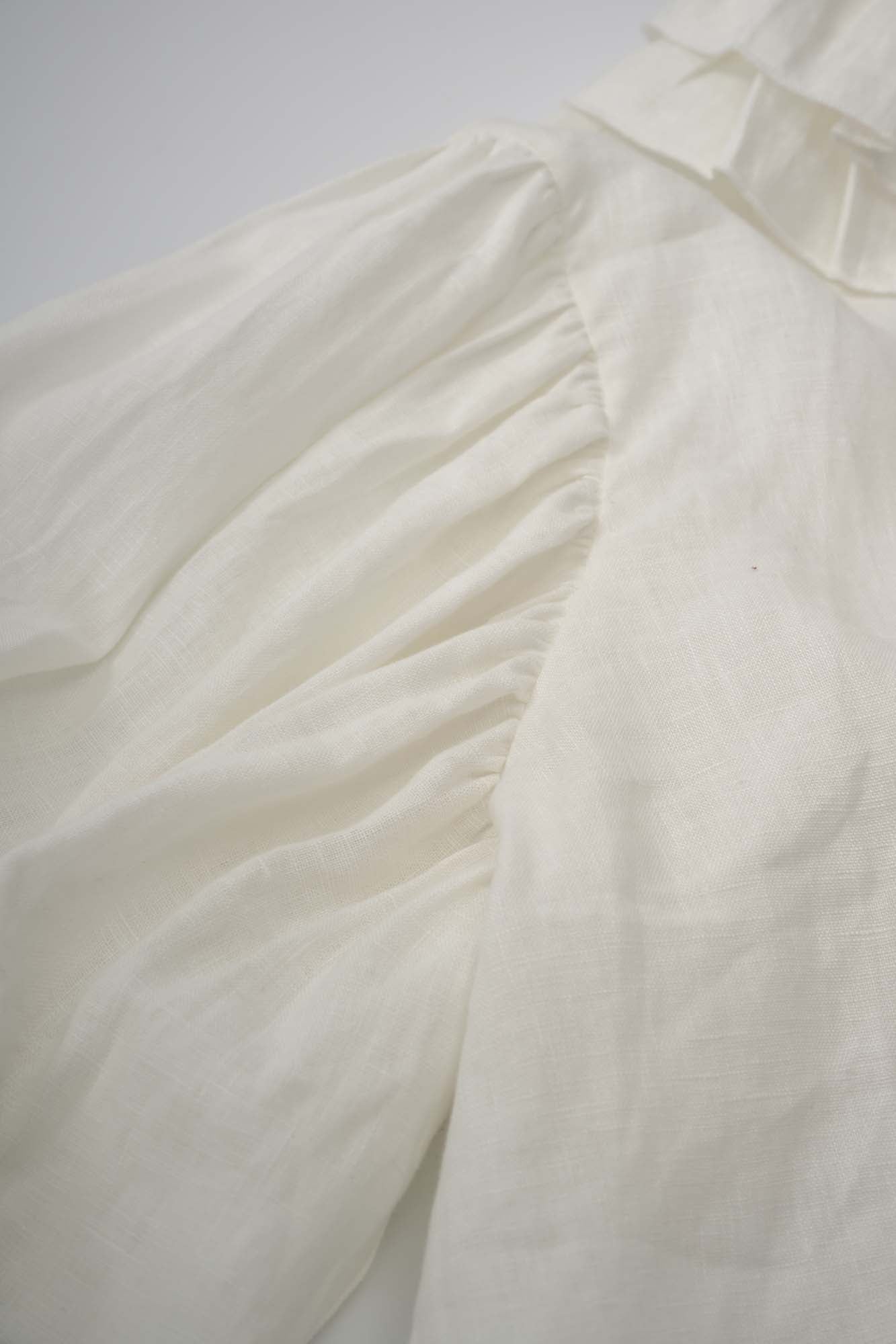 Womens White Ruffled Yoke Linen Blouse