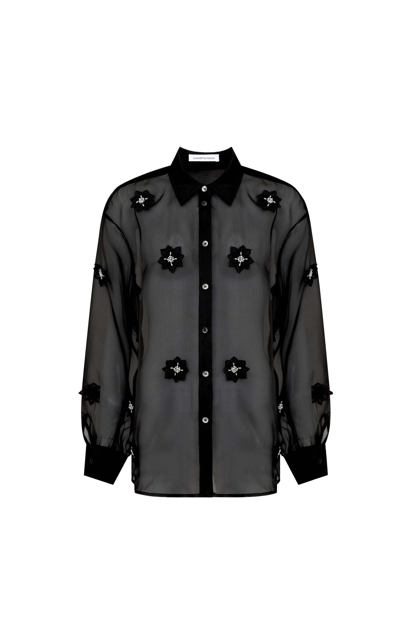 Womens Black Floral Bead Silk Shirt