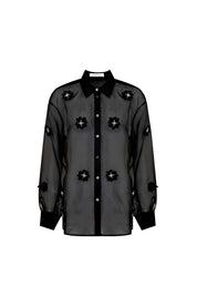 Womens Black Floral Bead Silk Shirt
