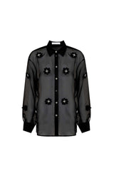 Womens Black Floral Bead Silk Shirt