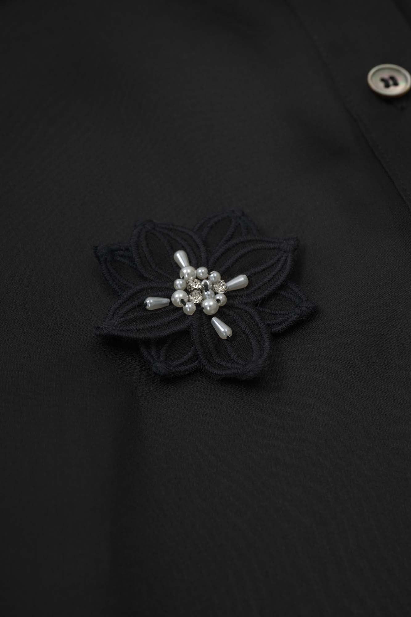 Womens Black Floral Bead Silk Shirt