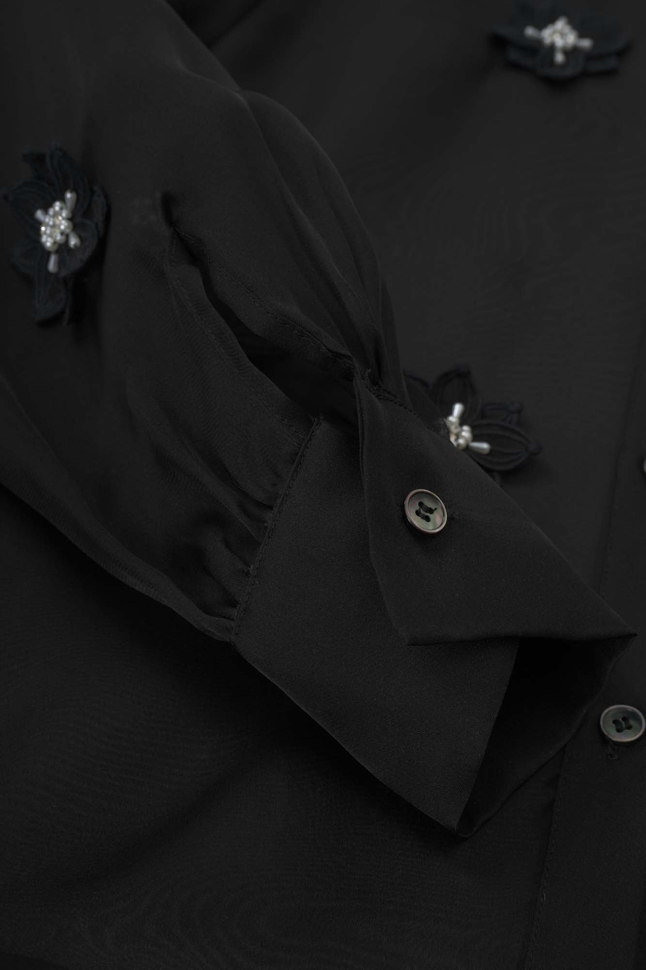Womens Black Floral Bead Silk Shirt