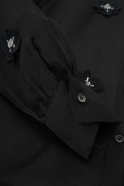 Womens Black Floral Bead Silk Shirt