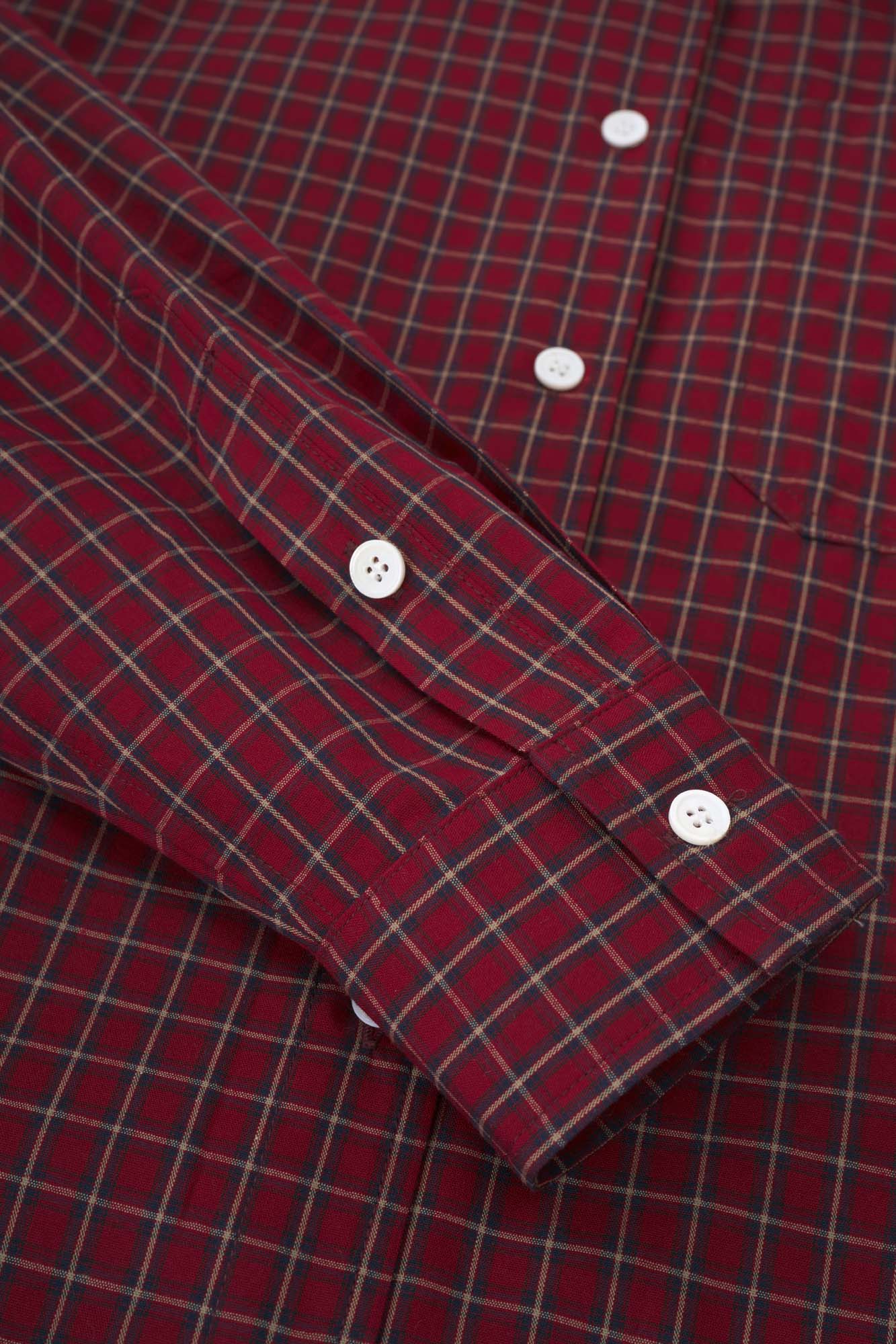 Womens Burgundy Plaid Button Cuff Shirt