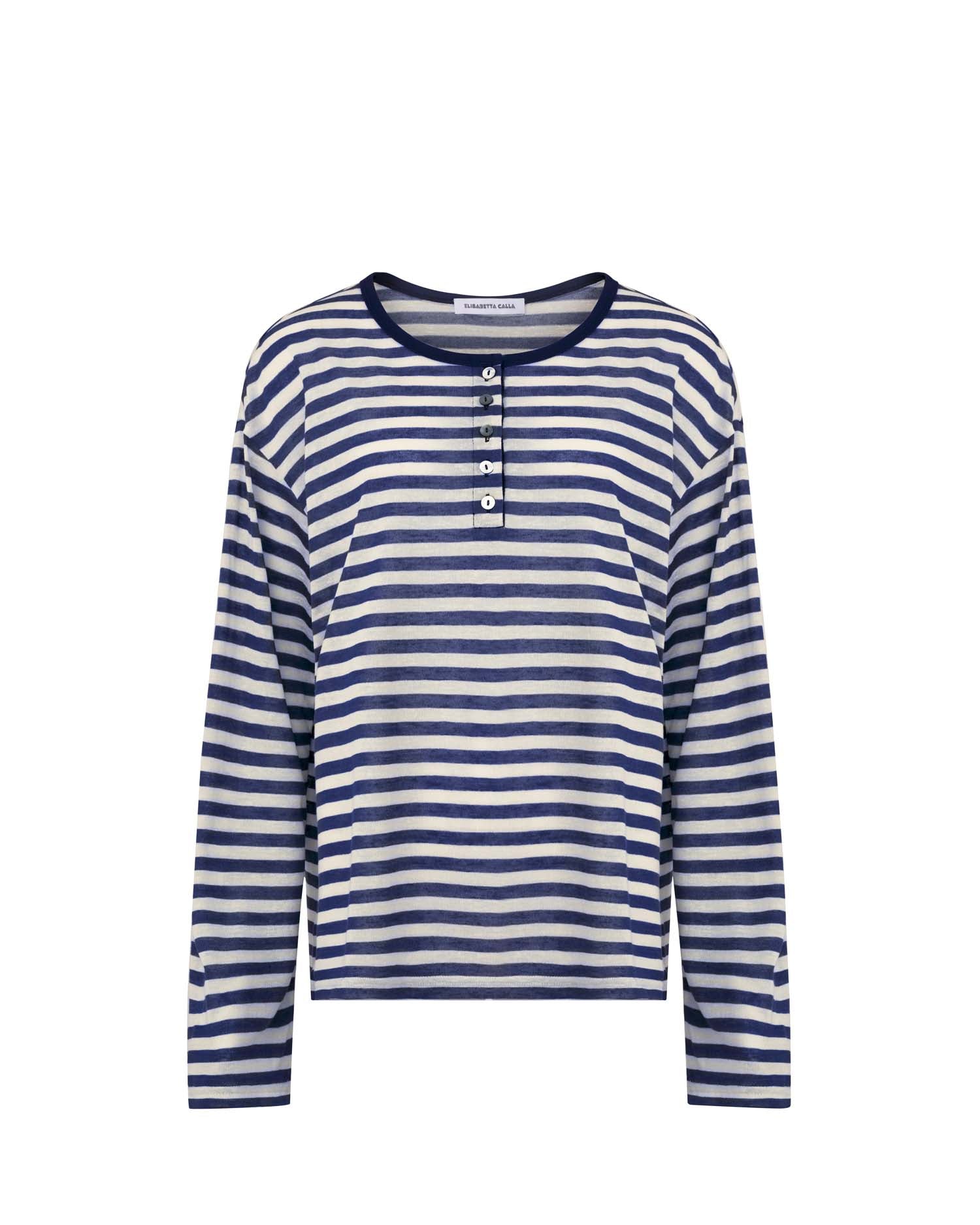 Womens Blue Stripe Henley Neck Tee