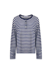 Womens Blue Stripe Henley Neck Tee
