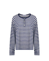 Womens Blue Stripe Henley Neck Tee