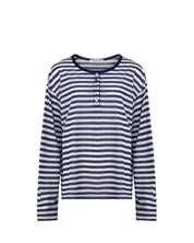 Womens Blue Stripe Henley Neck Tee