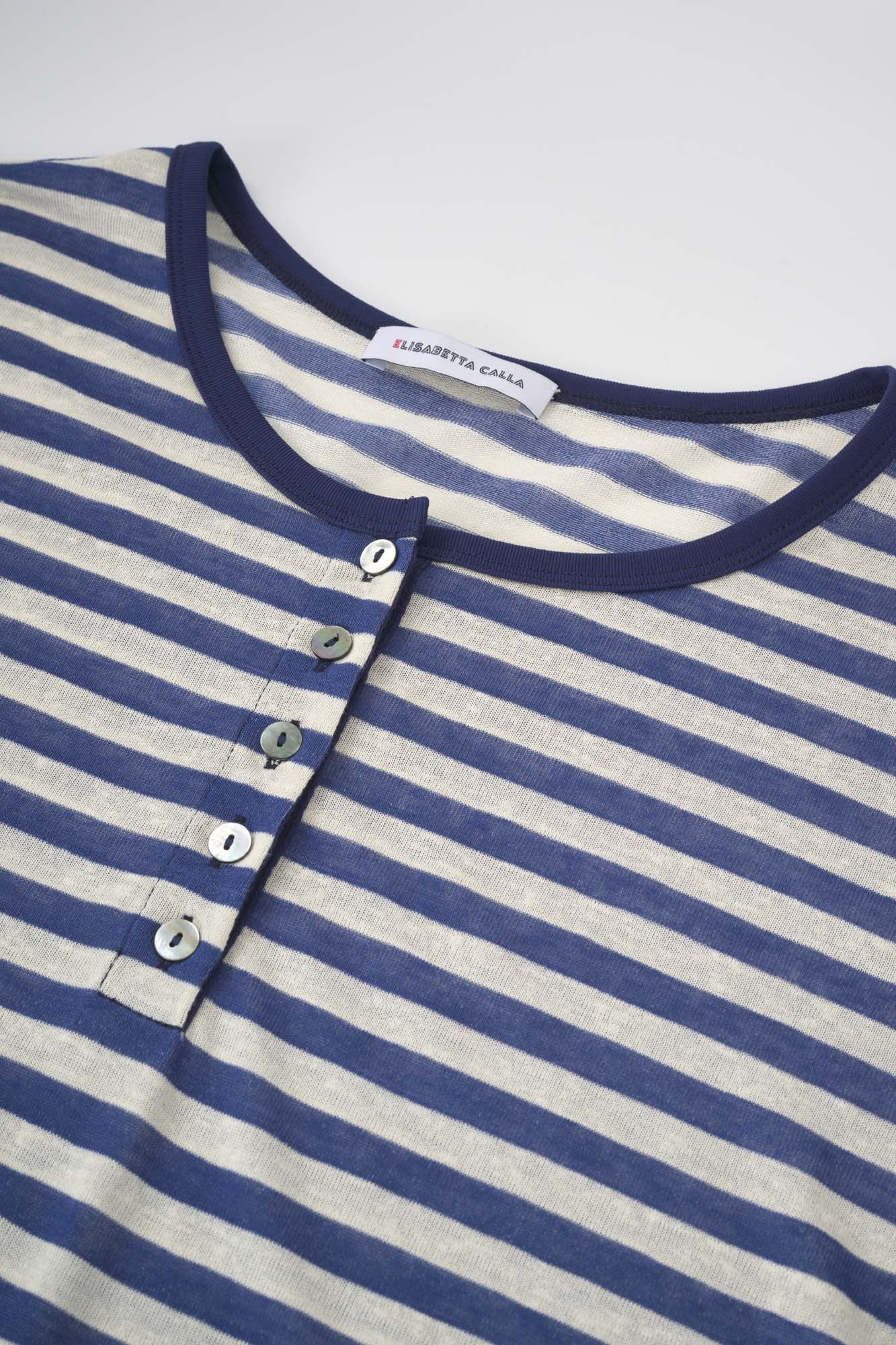 Womens Blue Stripe Henley Neck Tee