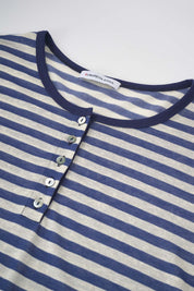 Womens Blue Stripe Henley Neck Tee