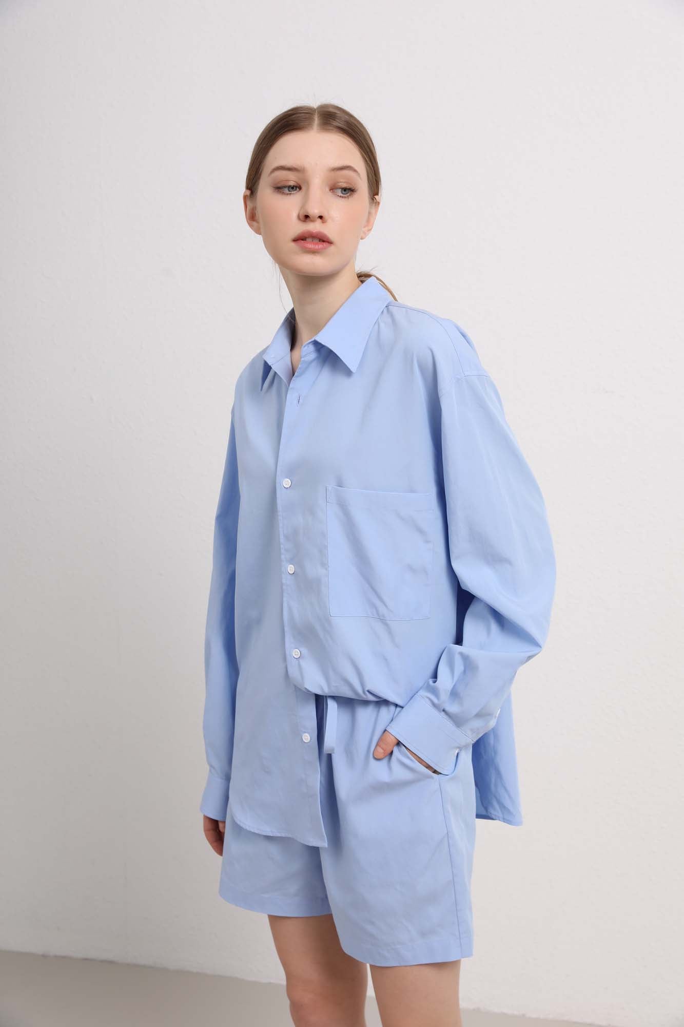 Womens Light Blue Button-Up Shirt & Shorts Set