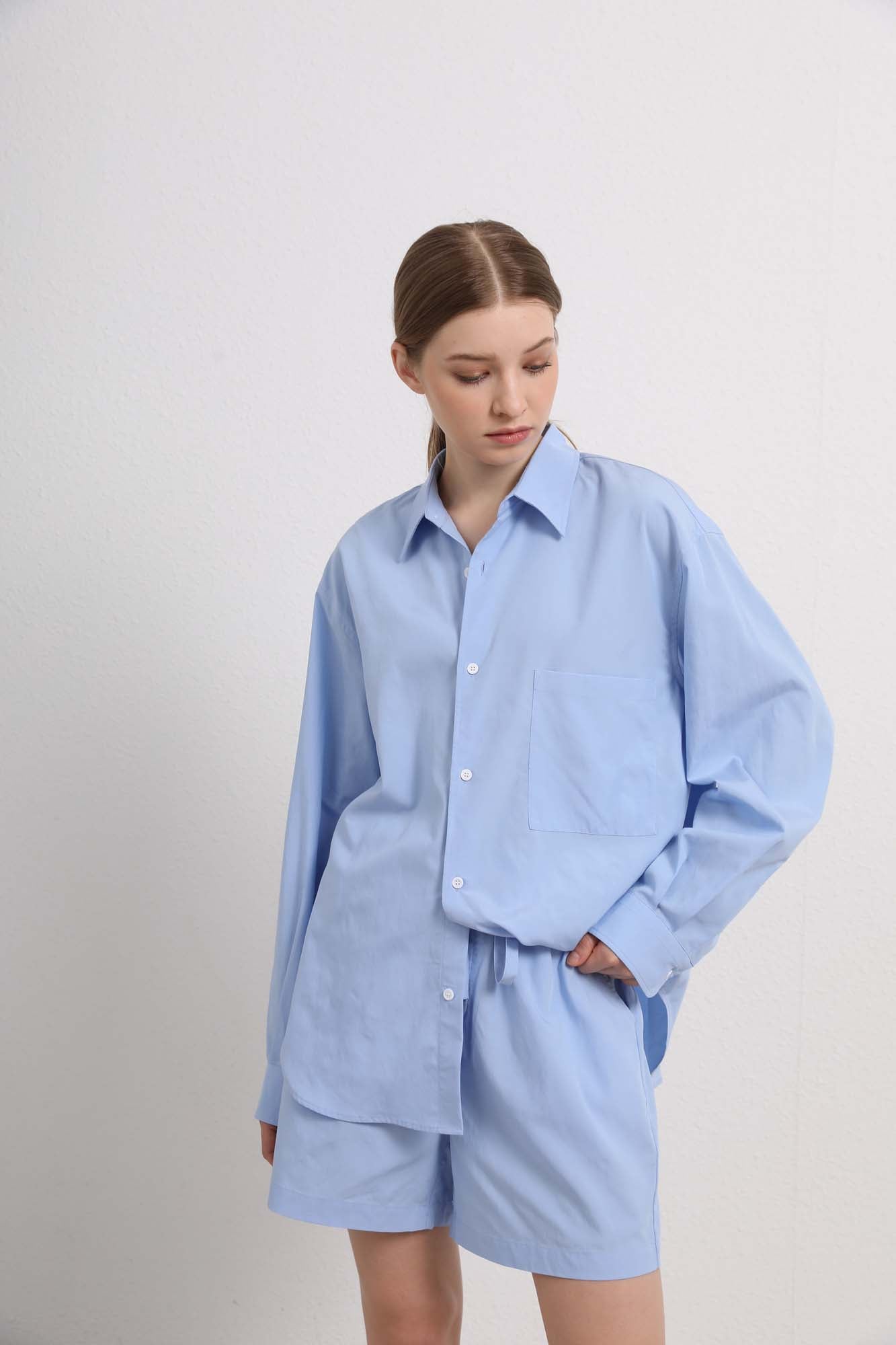 Womens Light Blue Button-Up Shirt & Shorts Set
