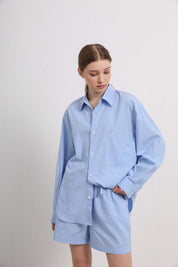 Womens Light Blue Button-Up Shirt & Shorts Set