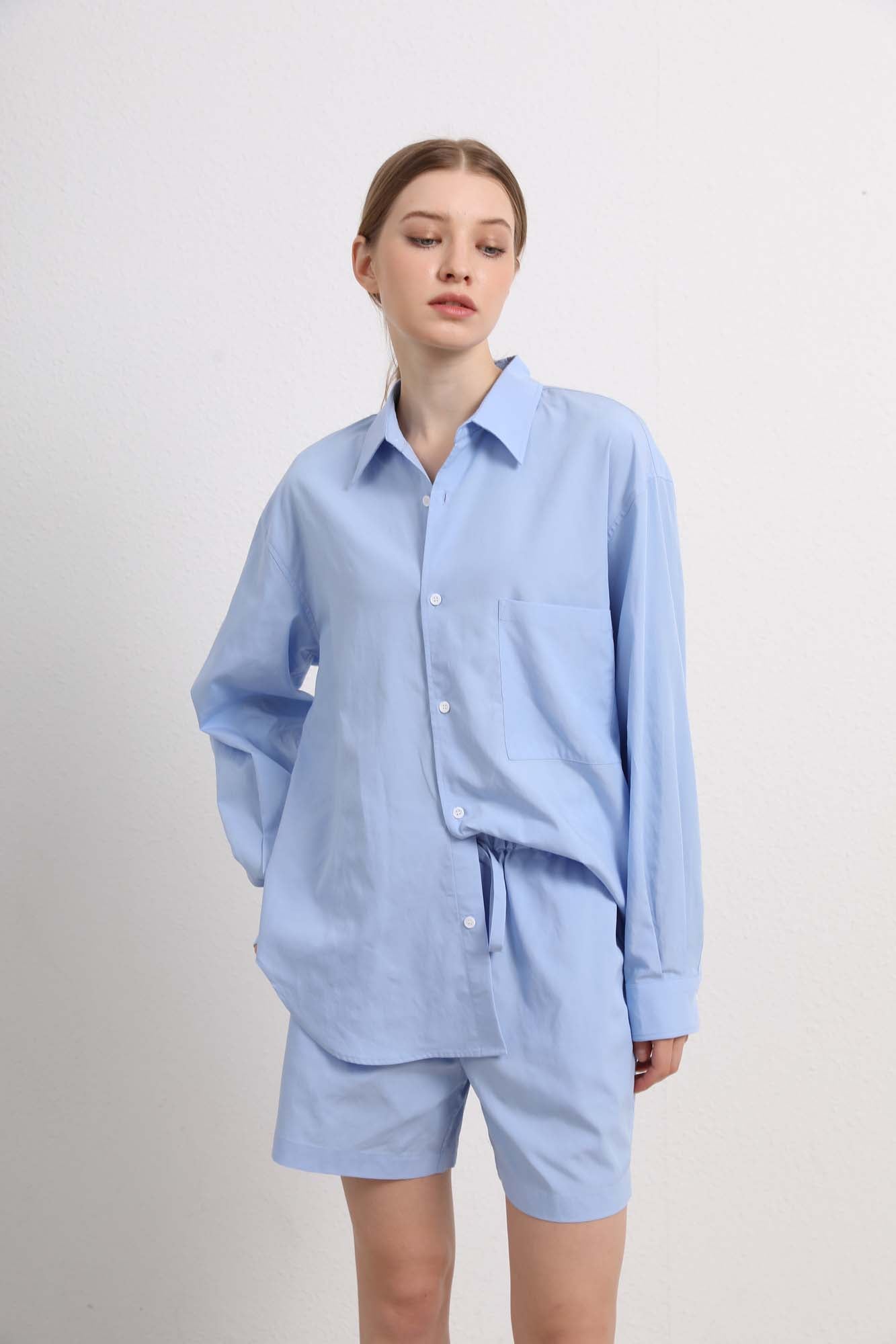 Womens Light Blue Button-Up Shirt & Shorts Set