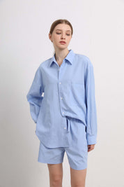 Womens Light Blue Button-Up Shirt & Shorts Set
