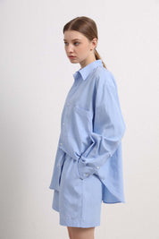 Womens Light Blue Button-Up Shirt & Shorts Set