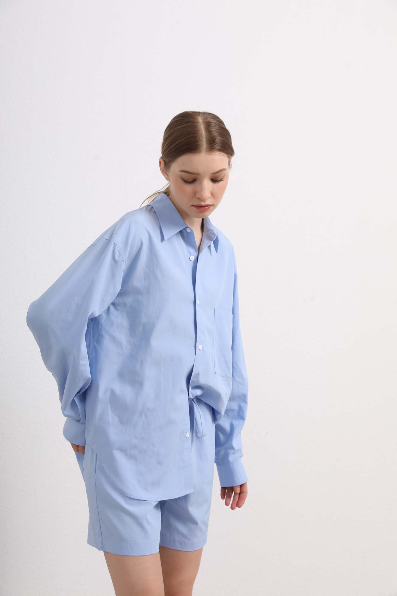 Womens Light Blue Button-Up Shirt & Shorts Set