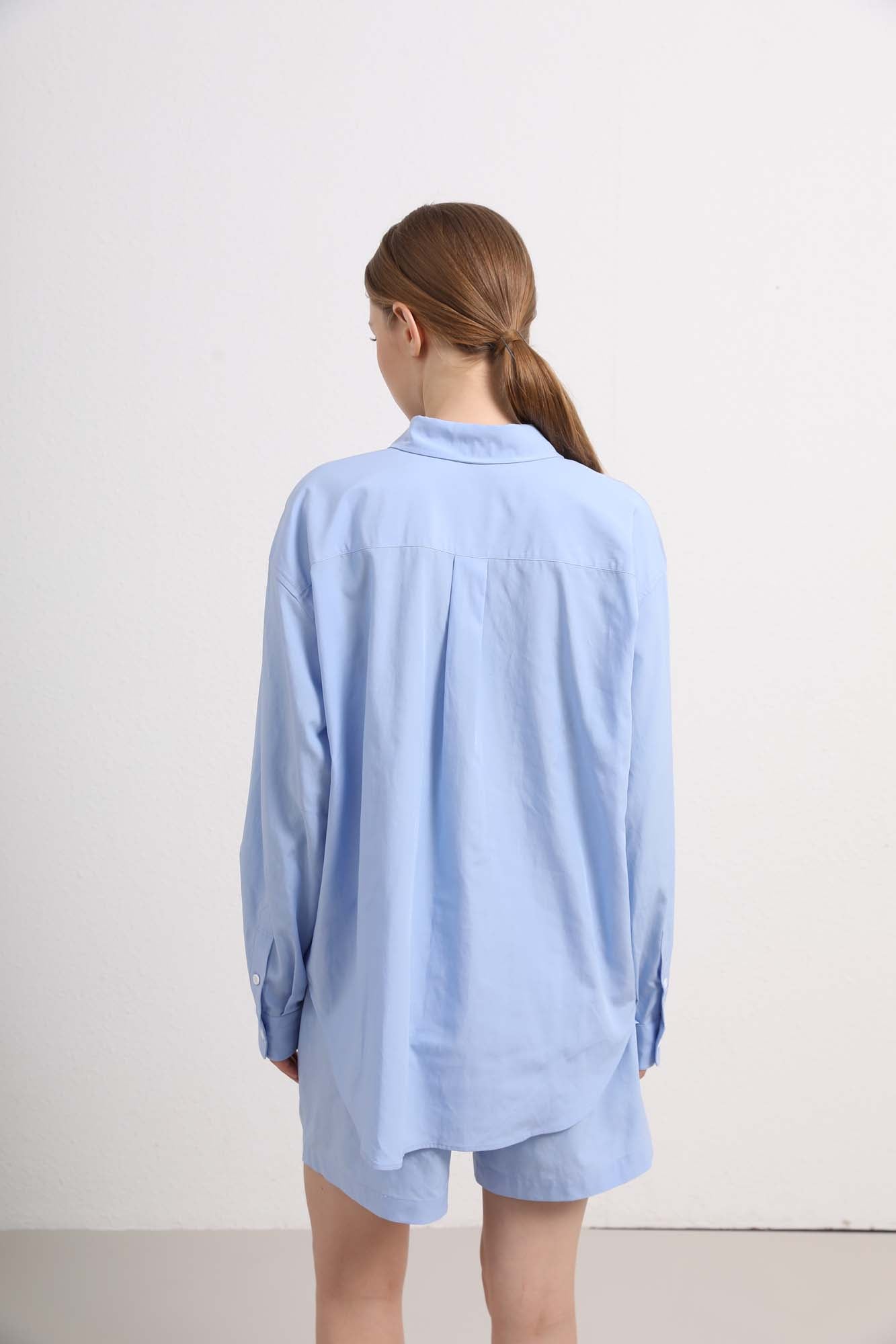 Womens Light Blue Button-Up Shirt & Shorts Set