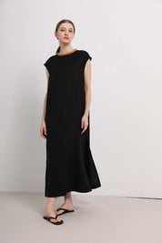 Womens Black Sleeveless Long Dress with Contrast Trim