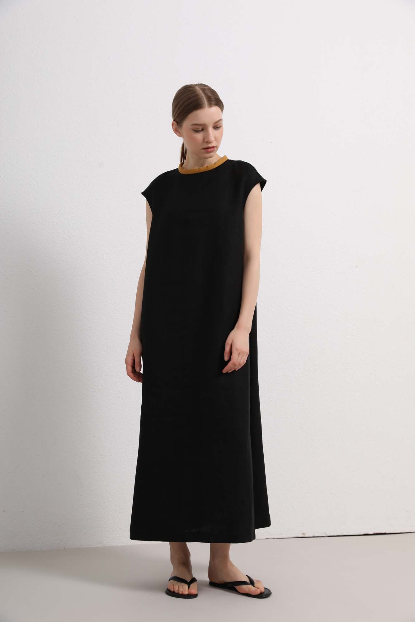 Womens Black Sleeveless Long Dress with Contrast Trim