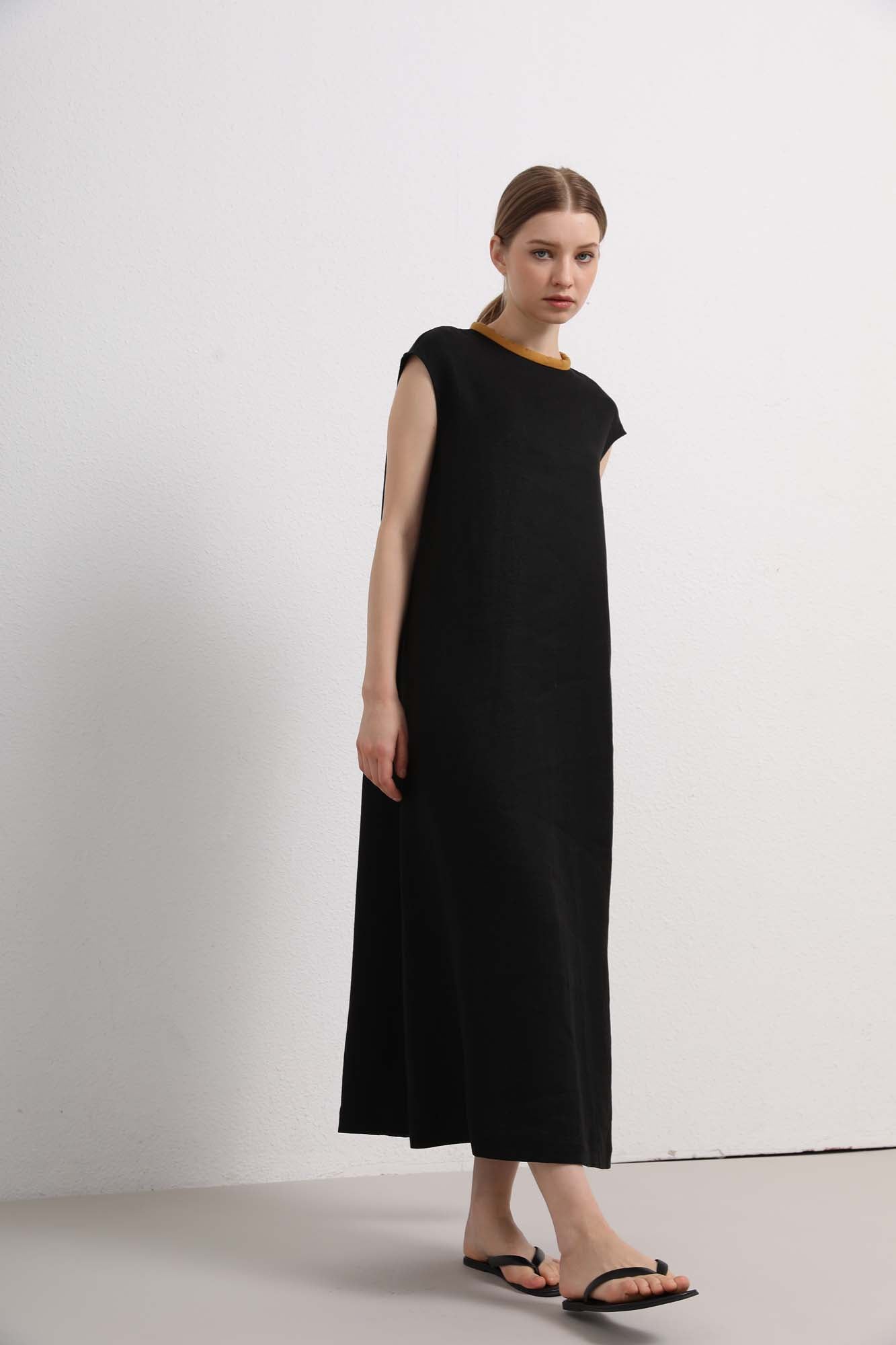 Womens Black Sleeveless Long Dress with Contrast Trim