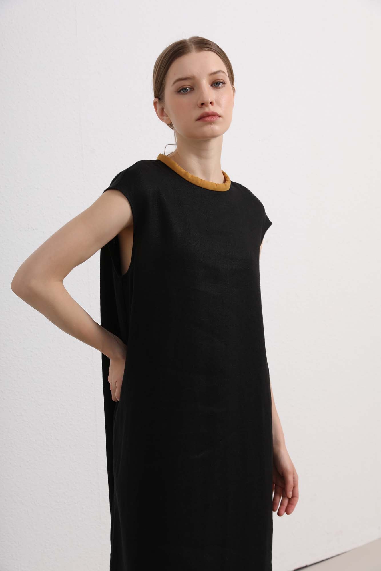 Womens Black Sleeveless Long Dress with Contrast Trim