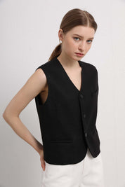 Womens Black Sleeveless Button-Front Vest