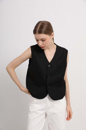 Womens Black Sleeveless Button-Front Vest