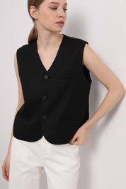 Womens Black Sleeveless Button-Front Vest