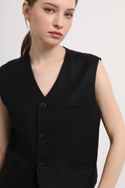 Womens Black Sleeveless Button-Front Vest