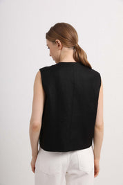 Womens Black Sleeveless Button-Front Vest