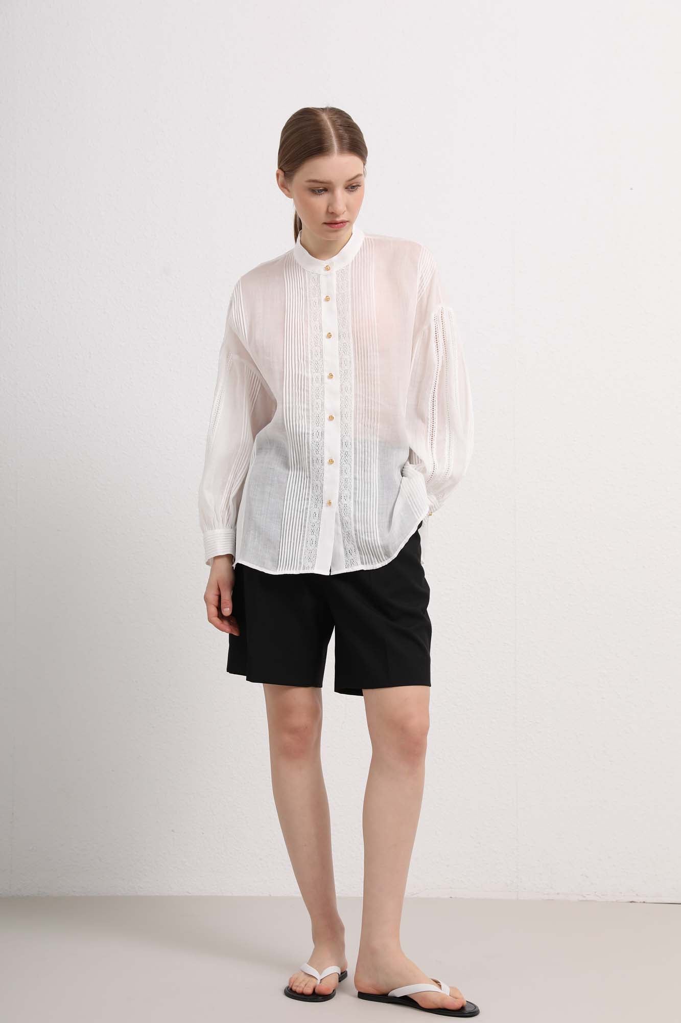 Womens Sheer White Lace Pleated Button-Up Shirt