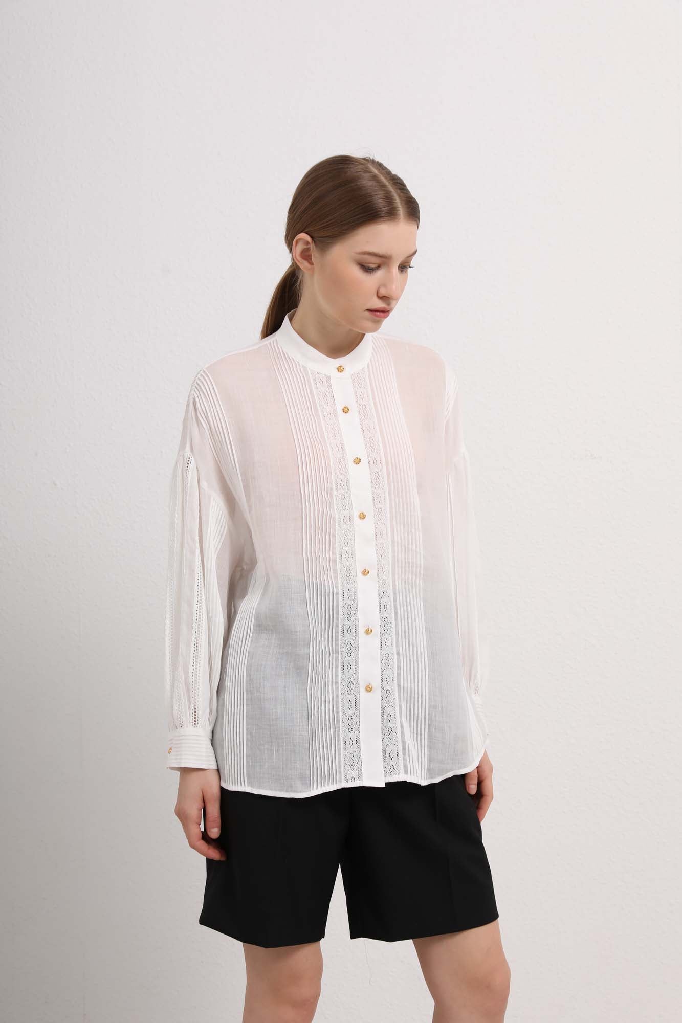 Womens Sheer White Lace Pleated Button-Up Shirt