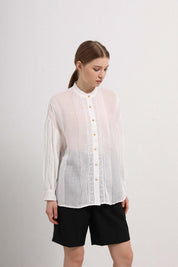 Womens Sheer White Lace Pleated Button-Up Shirt