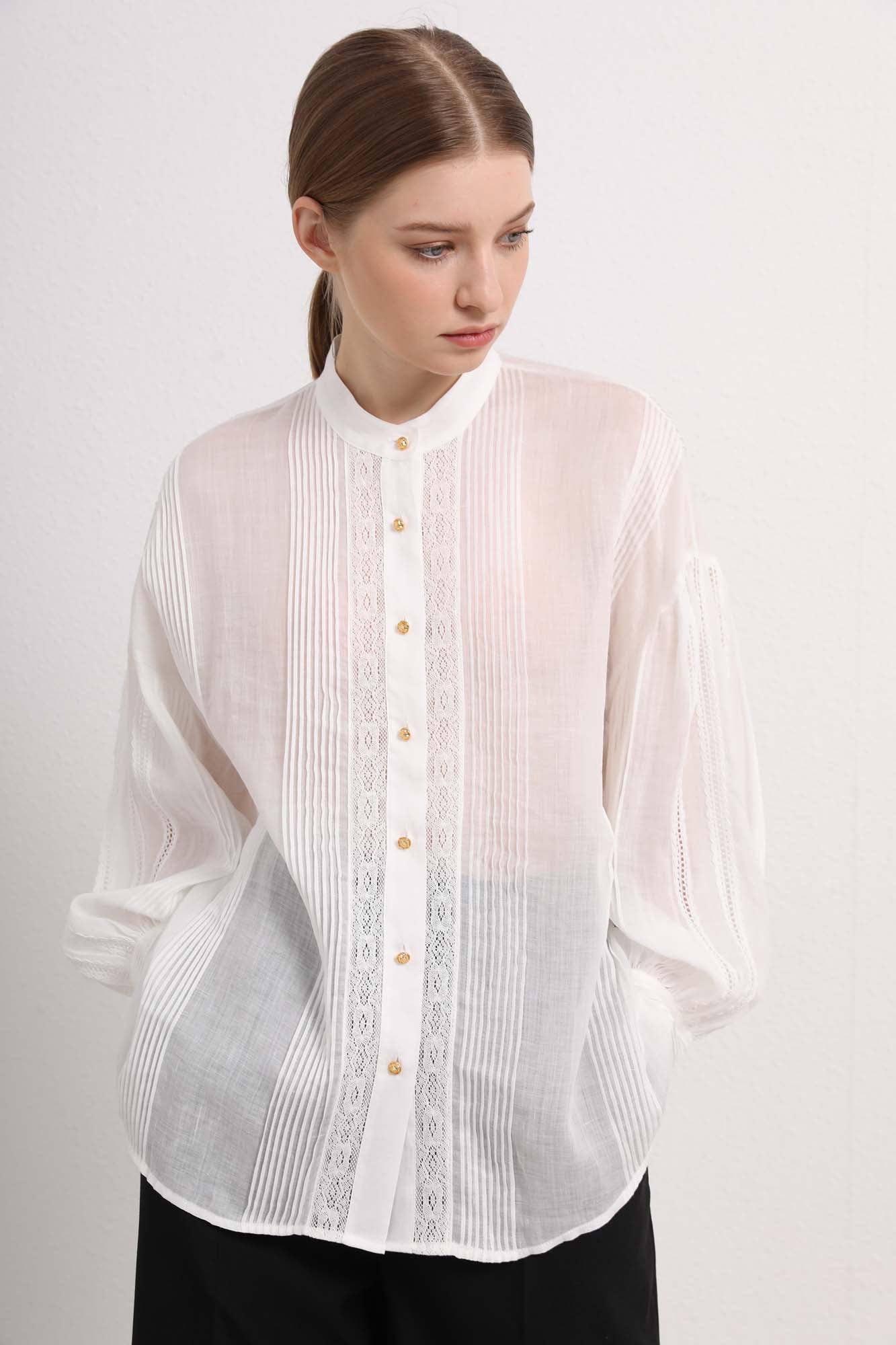 Womens Sheer White Lace Pleated Button-Up Shirt