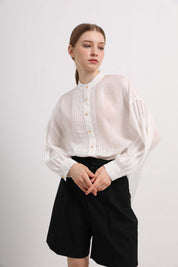 Womens Sheer White Lace Pleated Button-Up Shirt