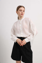 Womens Sheer White Lace Pleated Button-Up Shirt