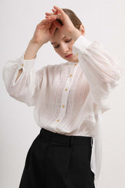 Womens Sheer White Lace Pleated Button-Up Shirt