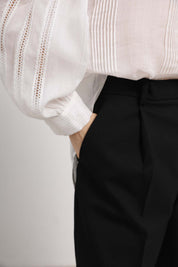 Womens Sheer White Lace Pleated Button-Up Shirt