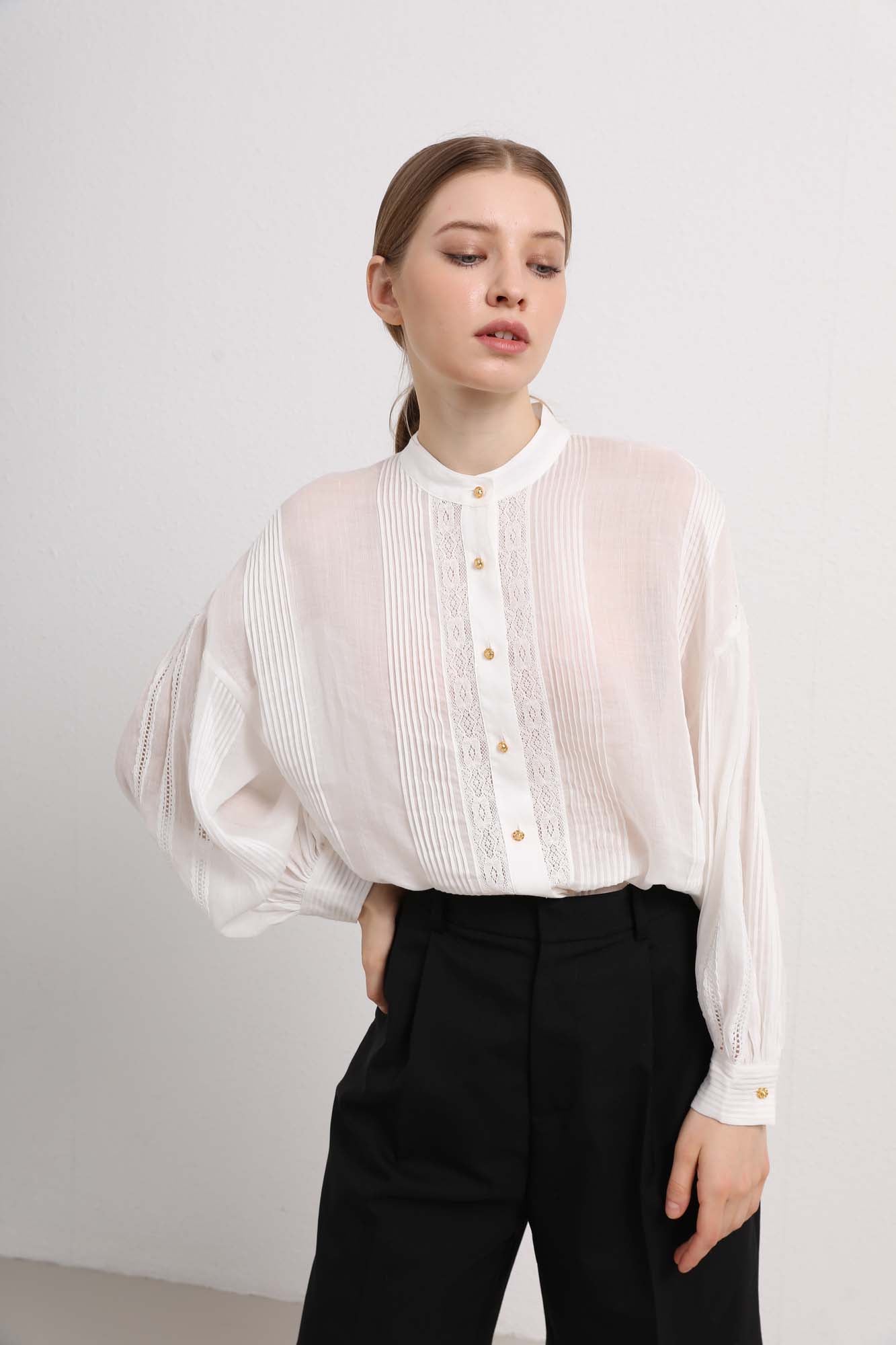 Womens Sheer White Lace Pleated Button-Up Shirt