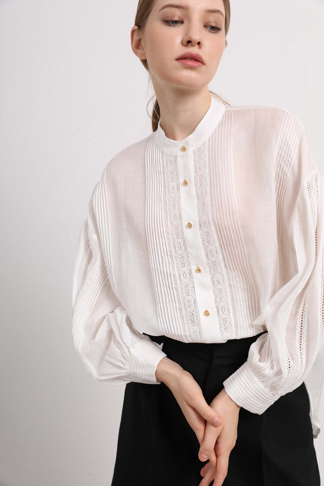 Womens Sheer White Lace Pleated Button-Up Shirt