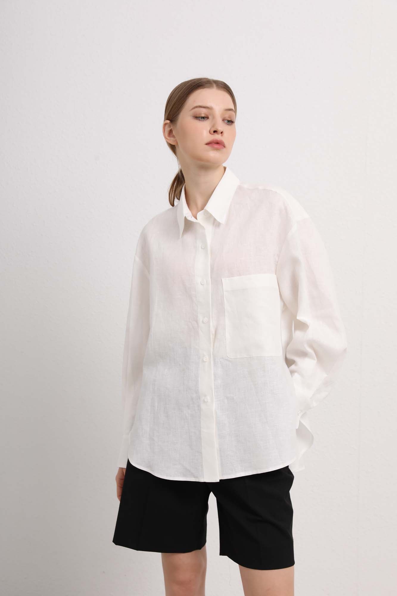 Womens White Cotton-Linen Button Down Shirt