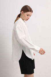 Womens White Cotton-Linen Button Down Shirt