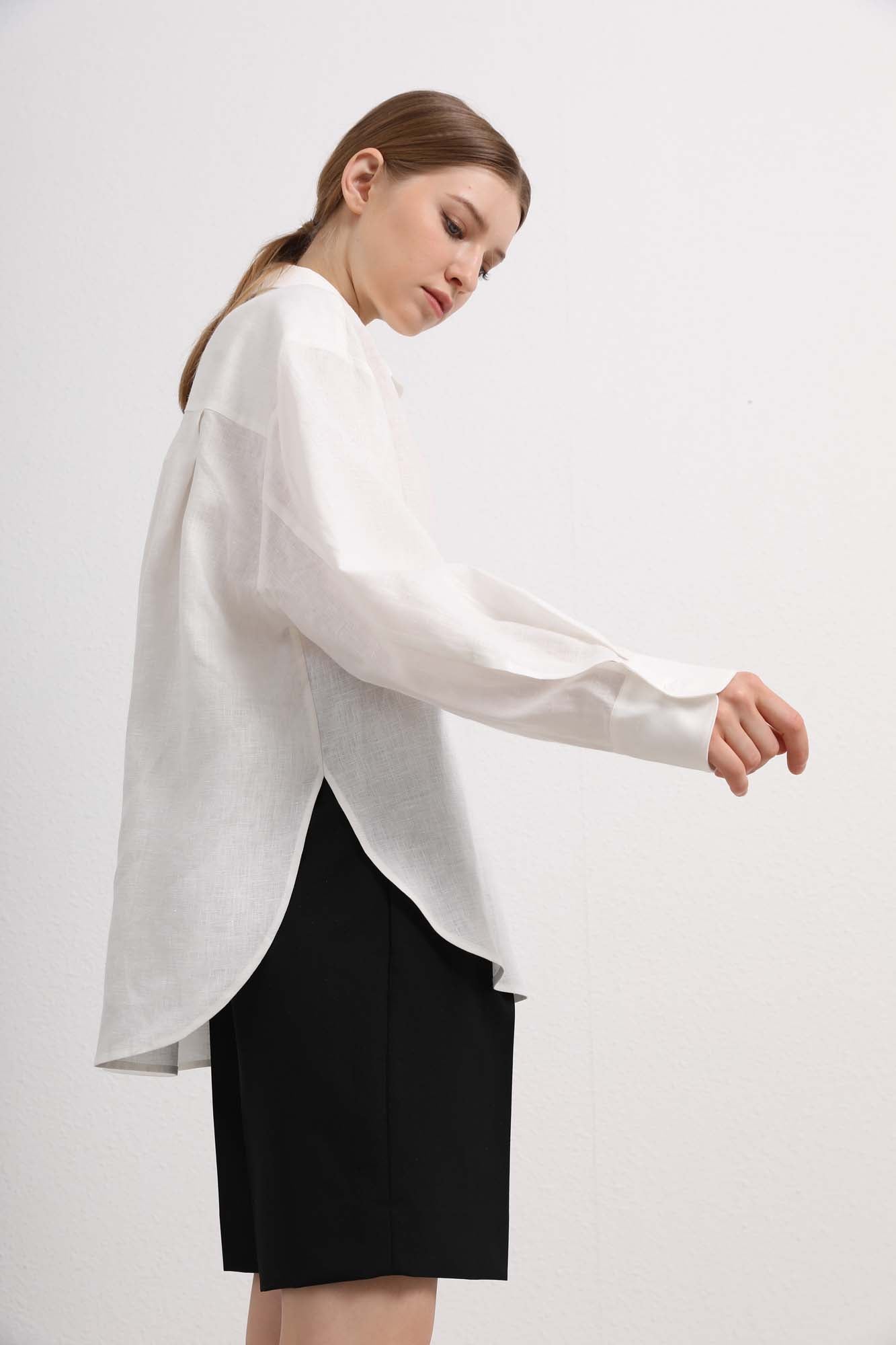 Womens White Cotton-Linen Button Down Shirt