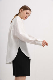 Womens White Cotton-Linen Button Down Shirt