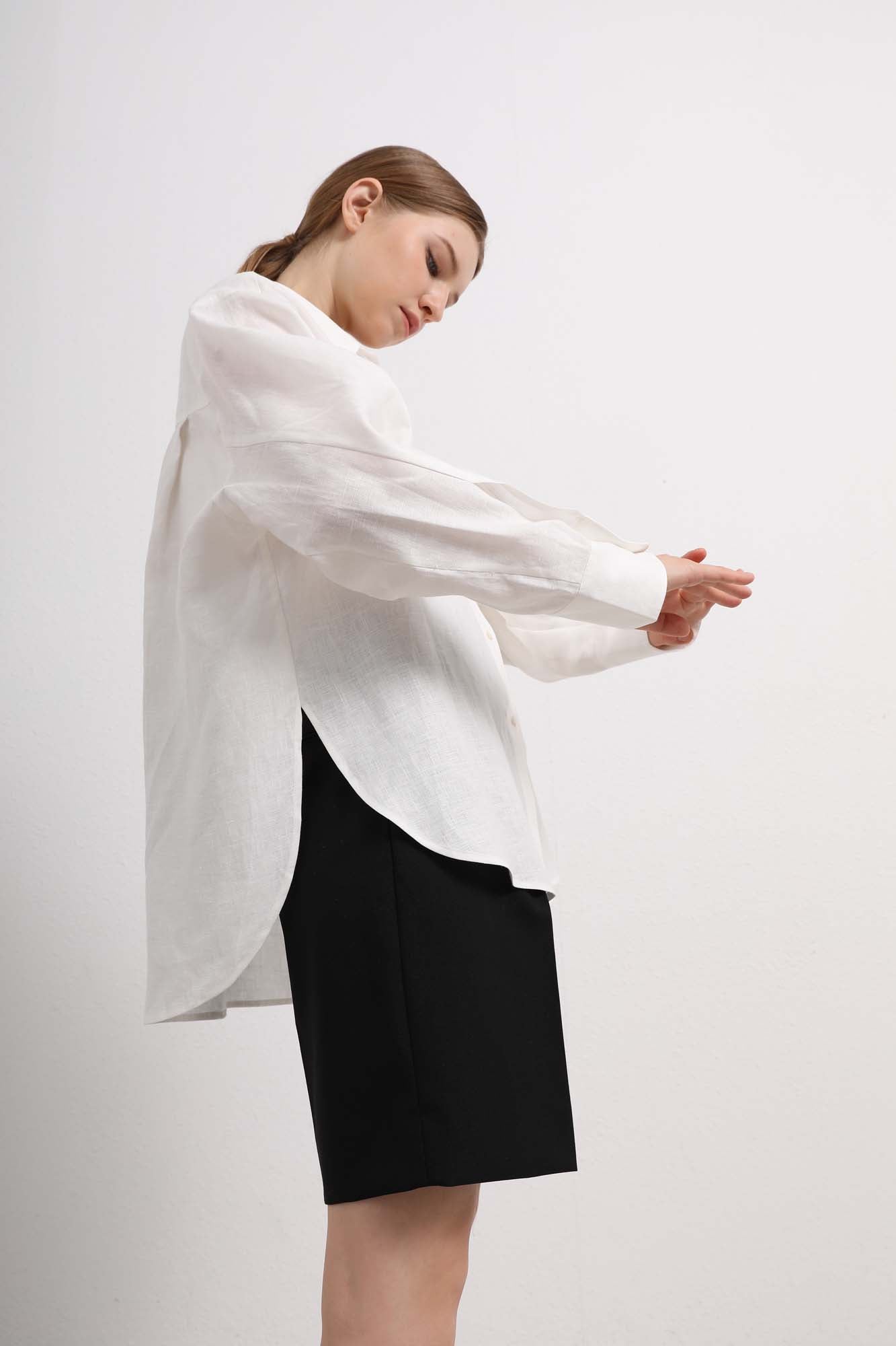 Womens White Cotton-Linen Button Down Shirt