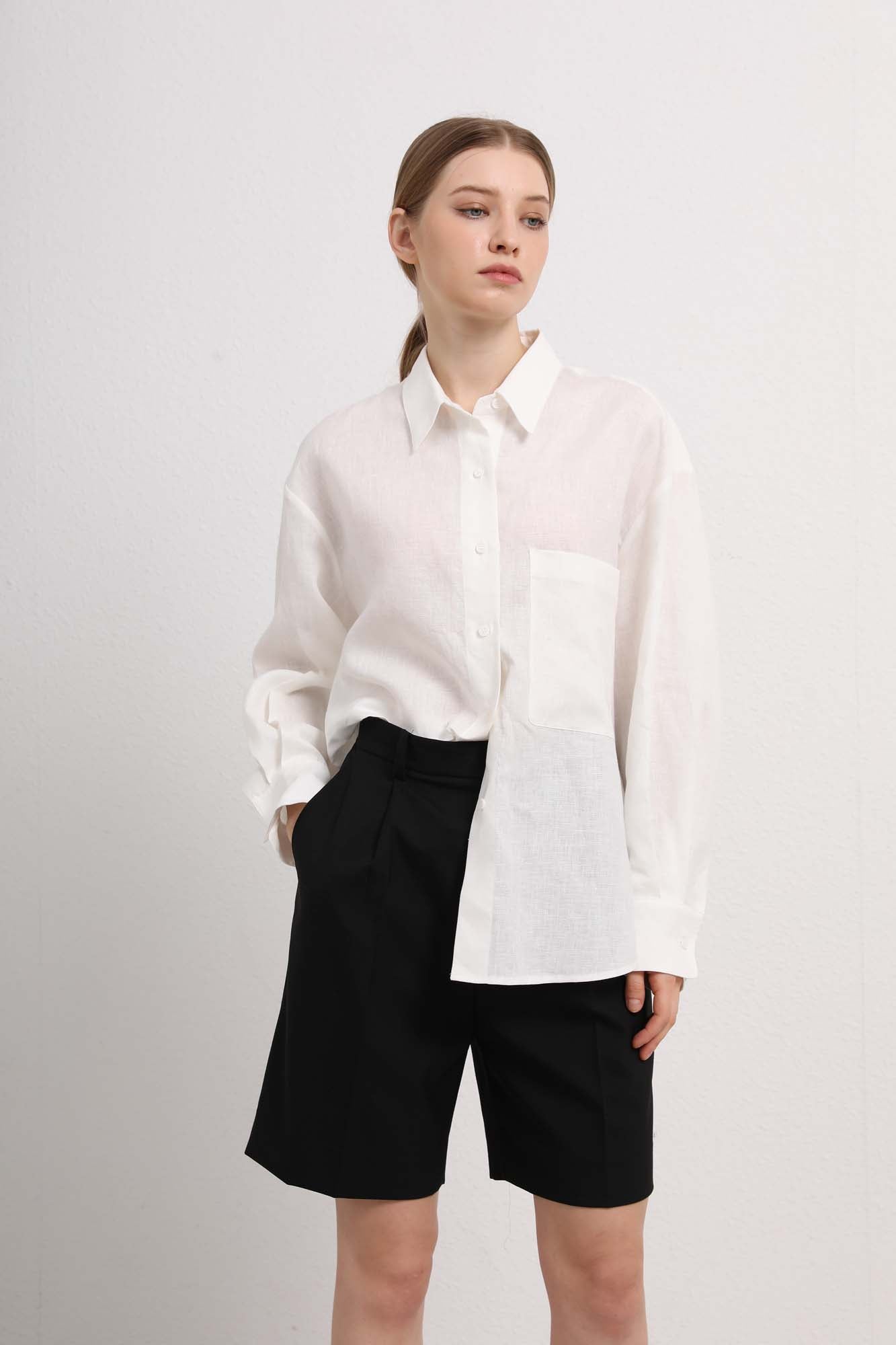 Womens White Cotton-Linen Button Down Shirt